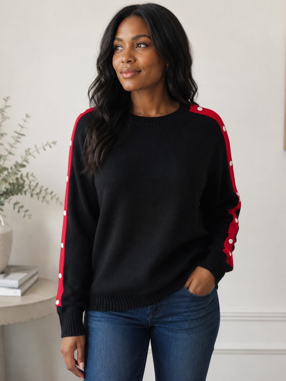Almost Famous Black Sweater w/ Red Stripes And White Buttons- Size: XL